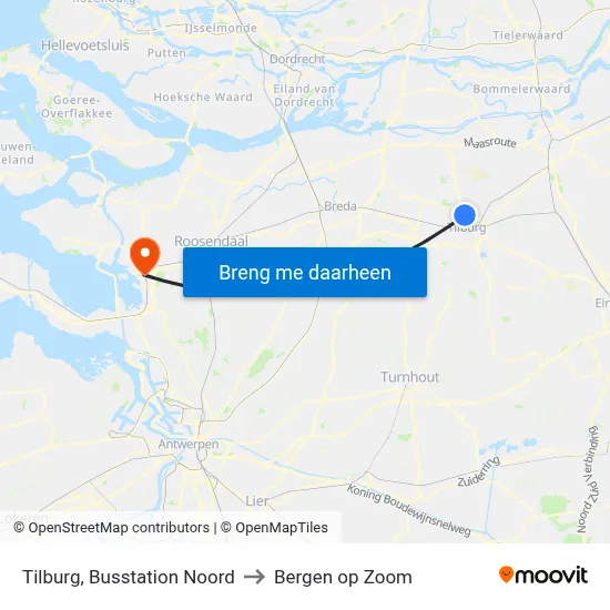 Tilburg, Busstation Noord to Bergen op Zoom map