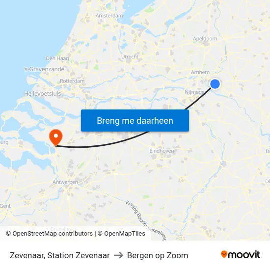 Zevenaar, Station Zevenaar to Bergen op Zoom map