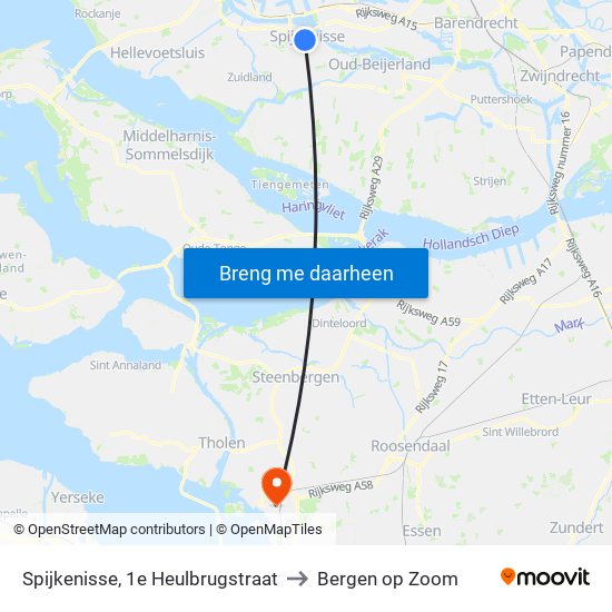 Spijkenisse, 1e Heulbrugstraat to Bergen op Zoom map