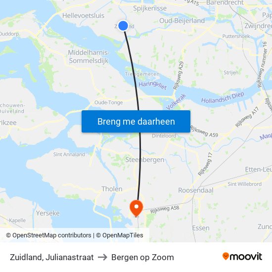 Zuidland, Julianastraat to Bergen op Zoom map