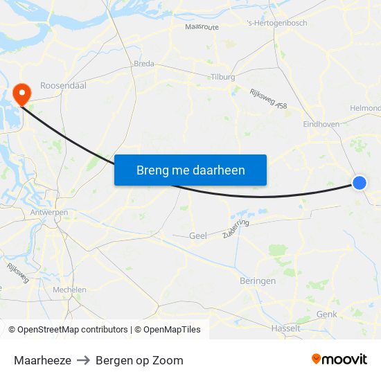 Maarheeze to Bergen op Zoom map