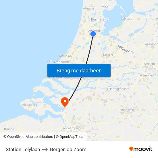 Station Lelylaan to Bergen op Zoom map