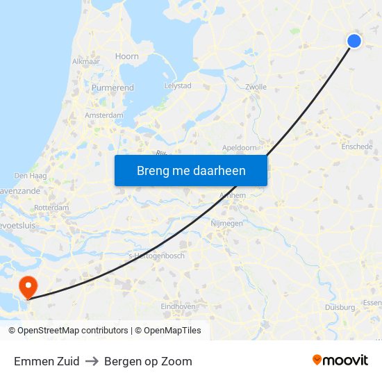 Emmen Zuid to Bergen op Zoom map