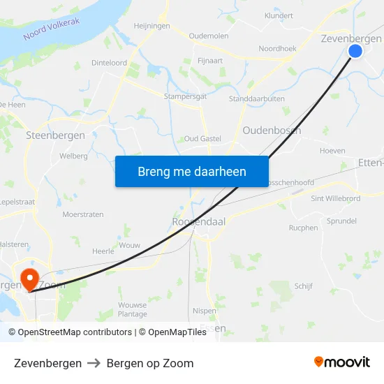 Zevenbergen to Bergen op Zoom map