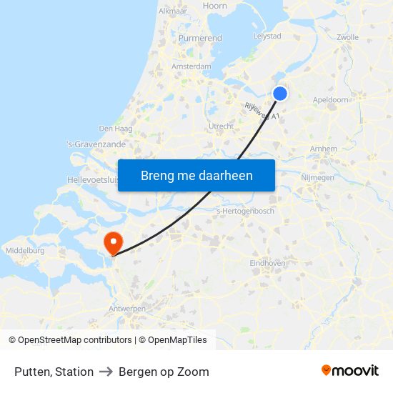 Putten, Station to Bergen op Zoom map