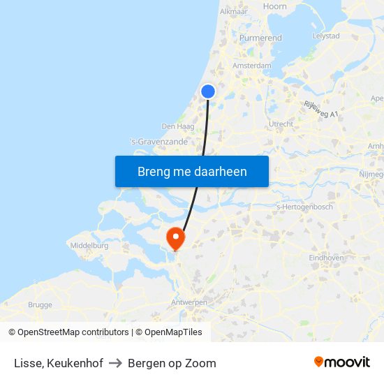 Lisse, Keukenhof to Bergen op Zoom map