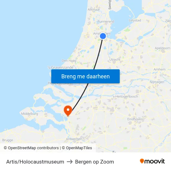 Artis/Holocaustmuseum to Bergen op Zoom map