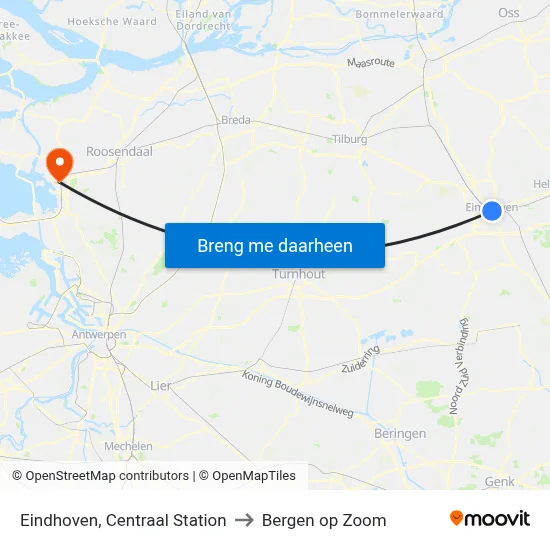 Eindhoven, Centraal Station to Bergen op Zoom map