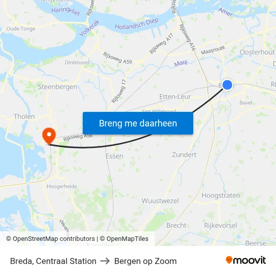 Breda, Centraal Station to Bergen op Zoom map
