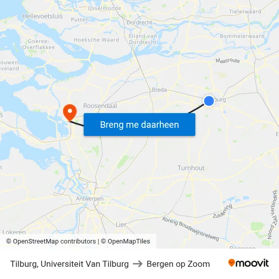 Tilburg, Universiteit Van Tilburg to Bergen op Zoom map
