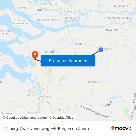 Tilburg, Zwartvenseweg to Bergen op Zoom map