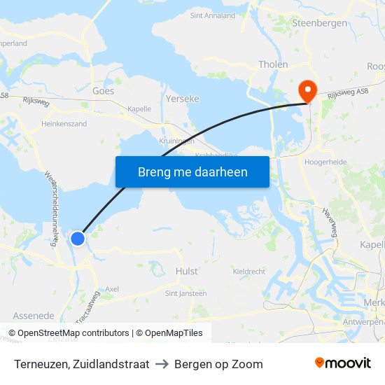 Terneuzen, Zuidlandstraat to Bergen op Zoom map