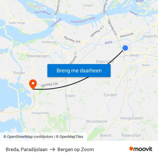 Breda, Paradijslaan to Bergen op Zoom map