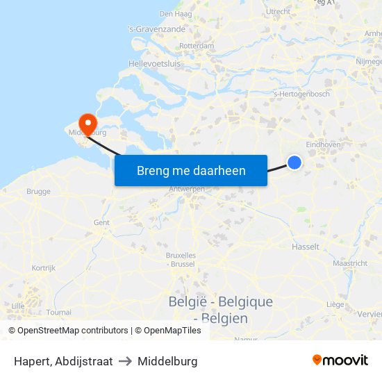 Hapert, Abdijstraat to Middelburg map