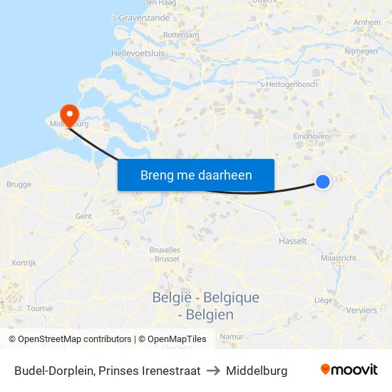 Budel-Dorplein, Prinses Irenestraat to Middelburg map