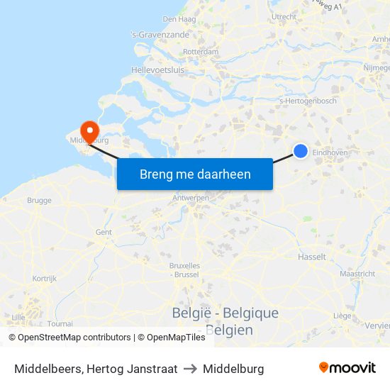 Middelbeers, Hertog Janstraat to Middelburg map