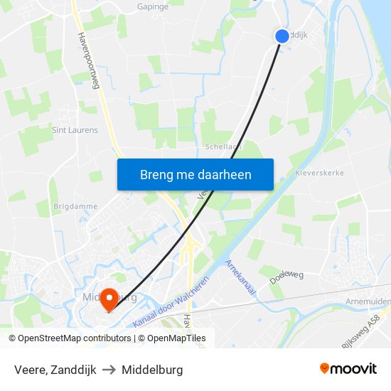 Veere, Zanddijk to Middelburg map