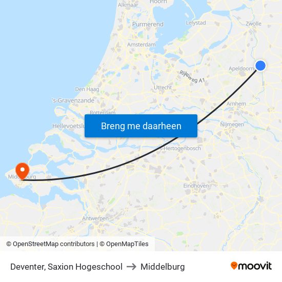 Deventer, Saxion Hogeschool to Middelburg map