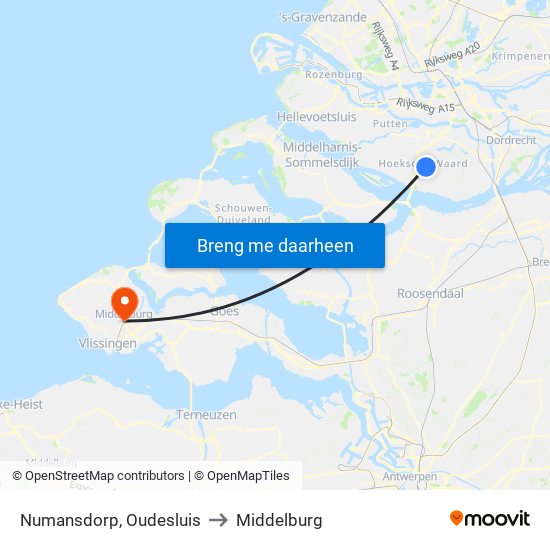 Numansdorp, Oudesluis to Middelburg map