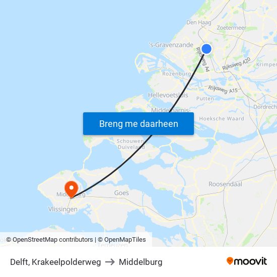 Delft, Krakeelpolderweg to Middelburg map