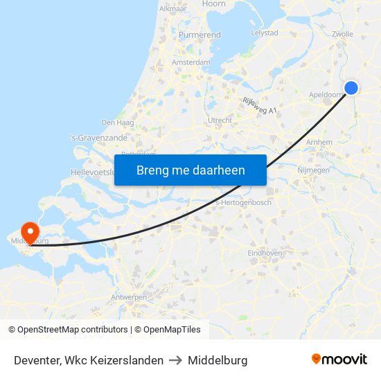 Deventer, Wkc Keizerslanden to Middelburg map