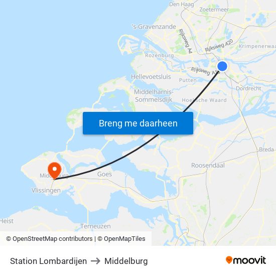 Station Lombardijen to Middelburg map