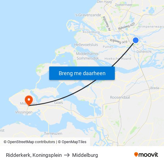 Ridderkerk, Koningsplein to Middelburg map