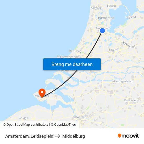 Amsterdam, Leidseplein to Middelburg map