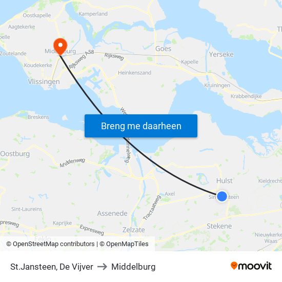 St.Jansteen, De Vijver to Middelburg map