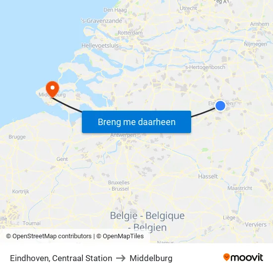 Eindhoven, Centraal Station to Middelburg map