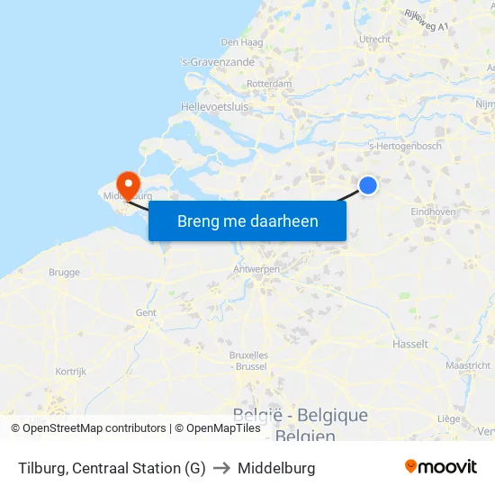 Tilburg, Centraal Station (G) to Middelburg map