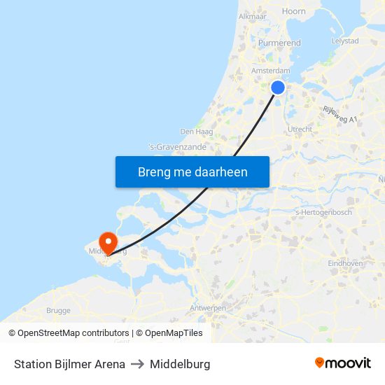 Station Bijlmer Arena to Middelburg map