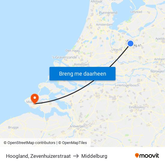 Hoogland, Zevenhuizerstraat to Middelburg map