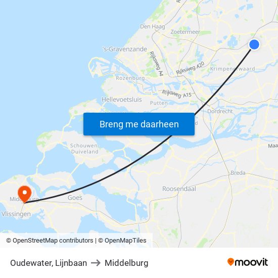 Oudewater, Lijnbaan to Middelburg map