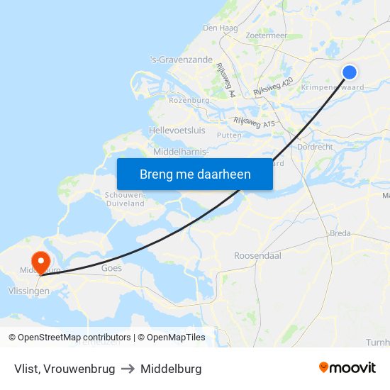 Vlist, Vrouwenbrug to Middelburg map