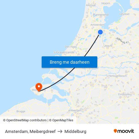 Amsterdam, Meibergdreef to Middelburg map
