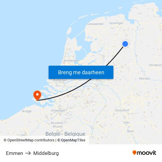 Emmen to Middelburg map