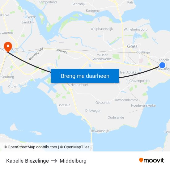 Kapelle-Biezelinge to Middelburg map