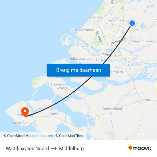 Waddinxveen Noord to Middelburg map