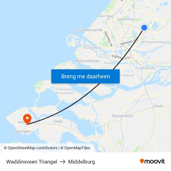 Waddinxveen Triangel to Middelburg map