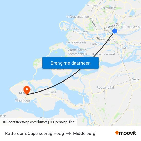 Rotterdam, Capelsebrug Hoog to Middelburg map