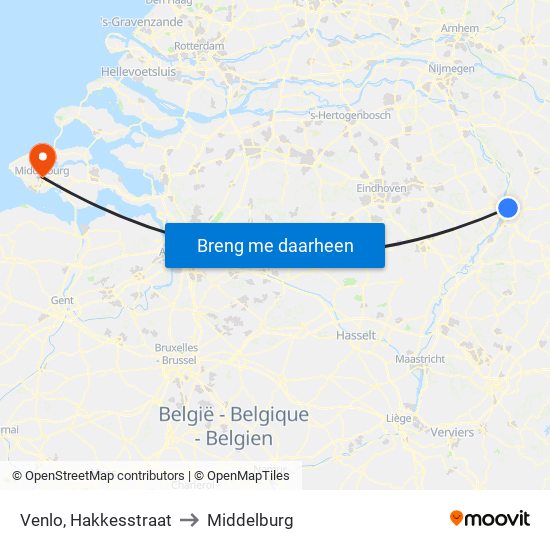 Venlo, Hakkesstraat to Middelburg map