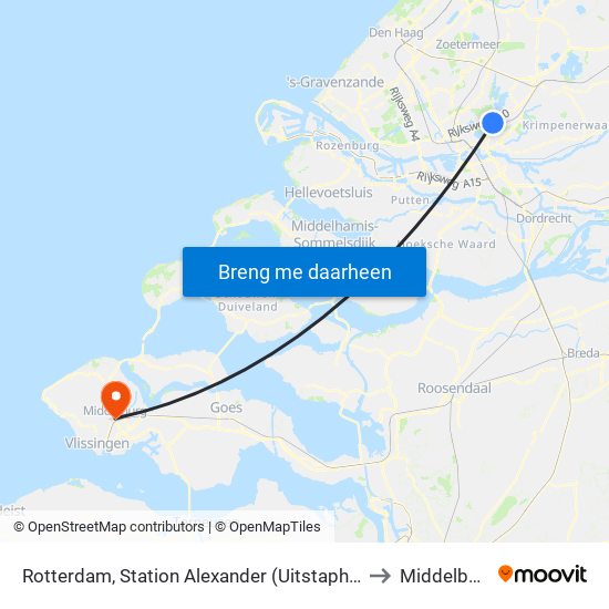 Rotterdam, Station Alexander (Uitstaphalte) to Middelburg map