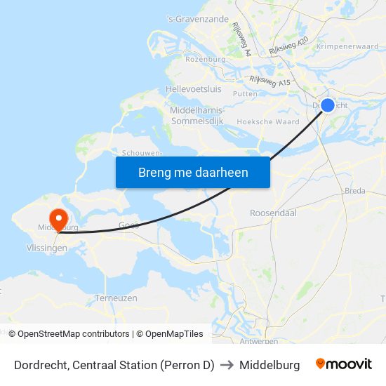 Dordrecht, Centraal Station (Perron D) to Middelburg map