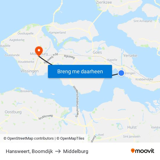 Hansweert, Boomdijk to Middelburg map