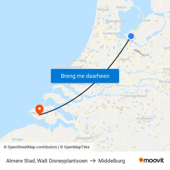 Almere Stad, Walt Disneyplantsoen to Middelburg map