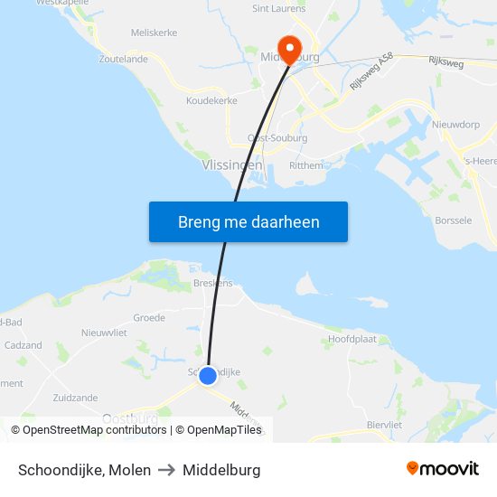 Schoondijke, Molen to Middelburg map