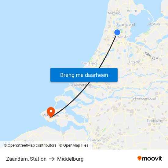 Zaandam, Station to Middelburg map