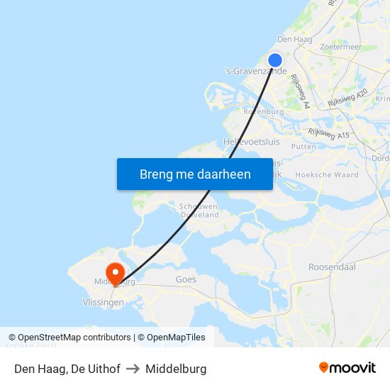 Den Haag, De Uithof to Middelburg map