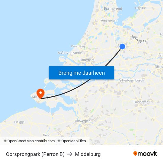 Oorsprongpark (Perron B) to Middelburg map